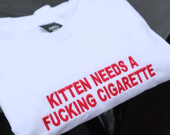 Embroidered Kitten Needs a Cig or a Bee, Short Sleeve, Modern Classic Fit, Unisex, Adult T-Shirt