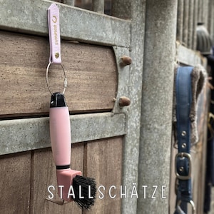 Könnte beinhalten: Rosa Pferde-Bürste mit schwarzem Griff und Haken. Die Bürste hängt an einer Holztür eines Stalls mit einem rosa Lederanhänger, auf dem "summer" in goldenen Buchstaben steht. Der Text "STALLSCHÄTZE" ist auf der Stalltür sichtbar.