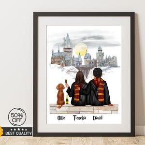 Retrato de bruxo personalizado - Presente de melhor amigo - Impressão digital de Hogwarts - Ilustração personalizada de amigos - Arte da escola de bruxos
