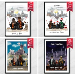 gepersonaliseerde tovenaarsschool cadeau voor - gezin - vriendjes - kerstmis - één huisdier is gratis - digitale prints