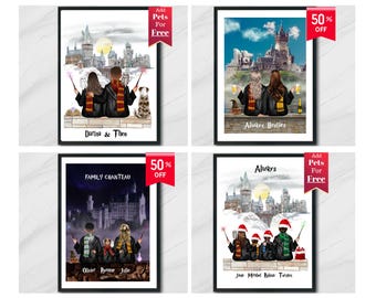 Personalized Wizard School Christmas Portrait - Custom Holiday Gift for Family, Friends, Girls, Women, & Couples | Unique Xmas Gift