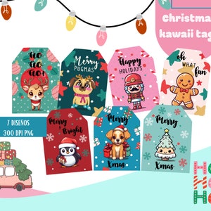 Puede incluir: Siete etiquetas de regalo de Navidad coloridas con lindas ilustraciones de dibujos animados. Las etiquetas presentan un reno, un pug, un cascanueces, un hombre de jengibre, un pingüino, un cachorro y un árbol de Navidad. Las etiquetas están decoradas con copos de nieve, estrellas y otros diseños festivos. El texto en las etiquetas incluye "Merry & Bright", "Happy Holidays", "Merry Xmas", "Ho Ho Ho" y "Oh What Fun".