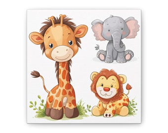 Cute Animal Canvas Art, Nursery Wall Decor, Kids Room Print, Safari Theme, Baby Shower Gift, Whimsical Illustration, Printed Canvas Wall Art