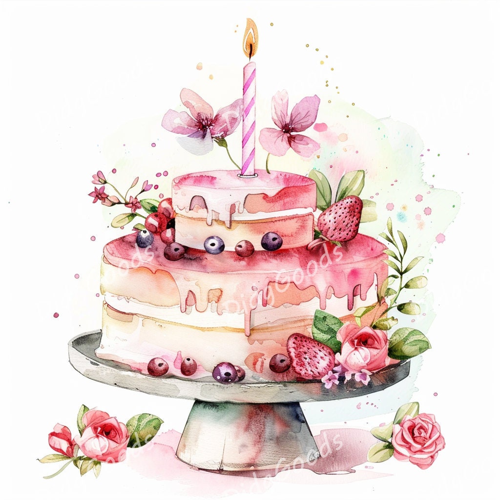 Watercolor Birthday Cake Clipart Bundle For: Card Making, Printable Art ...
