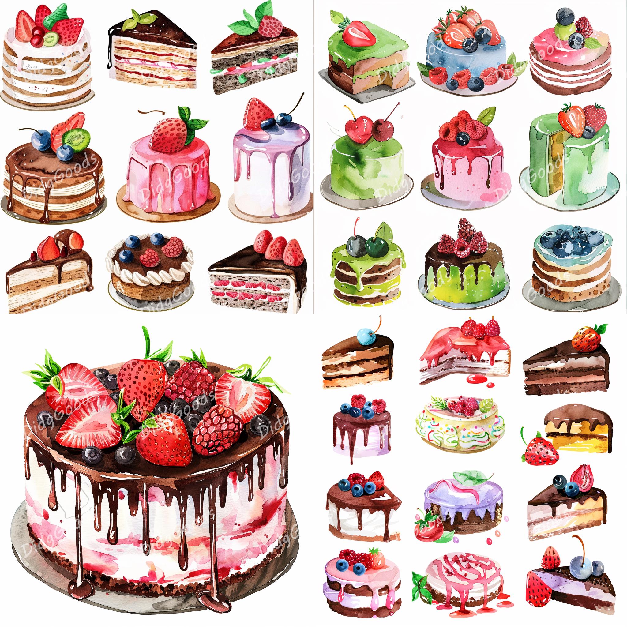 Watercolor Birthday Cake Clipart Bundle For: Card Making, Printable Art ...
