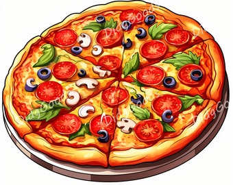 Pizza clipartbundel, voedselillustratie, fastfood-graphics, schattige pizzakunst, kaarten maken, scrapbooking, afdrukbaar decor, digitale download