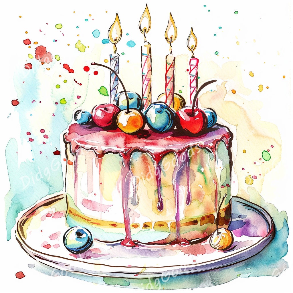 Watercolor Birthday Cake Clipart Bundle For: Card Making, Printable Art ...