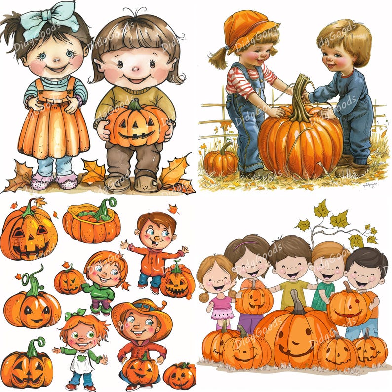 Kids and Pumpkin Clipart Bundle, 20 High Quality JPG, Cute Fall ...