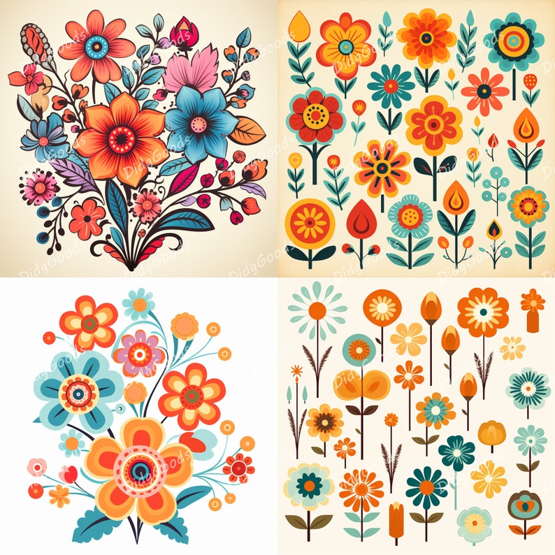 Retro Flower Clipart Bundle 28 High Quality Pngs 3200x3200 Pix, 300 DPI ...