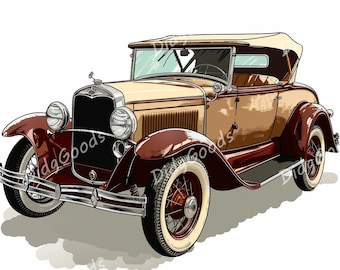 May include: A vintage brown and beige convertible car with a black grille and chrome accents. The car has a spare tyre on the back and a black leather interior.