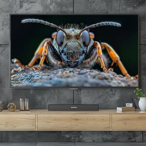 May include: A close-up image of a black and yellow wasp with large, compound eyes. The wasp is perched on a rock with a dark, textured surface. The image is in focus and the wasp's details are clearly visible.