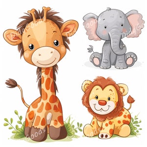 May include: A cartoon illustration of three baby animals: a giraffe, an elephant, and a lion. The giraffe is brown and orange with a long neck and spots. The elephant is gray with big ears and a trunk. The lion is orange with a mane and a tail. The animals are all smiling and looking at the viewer.