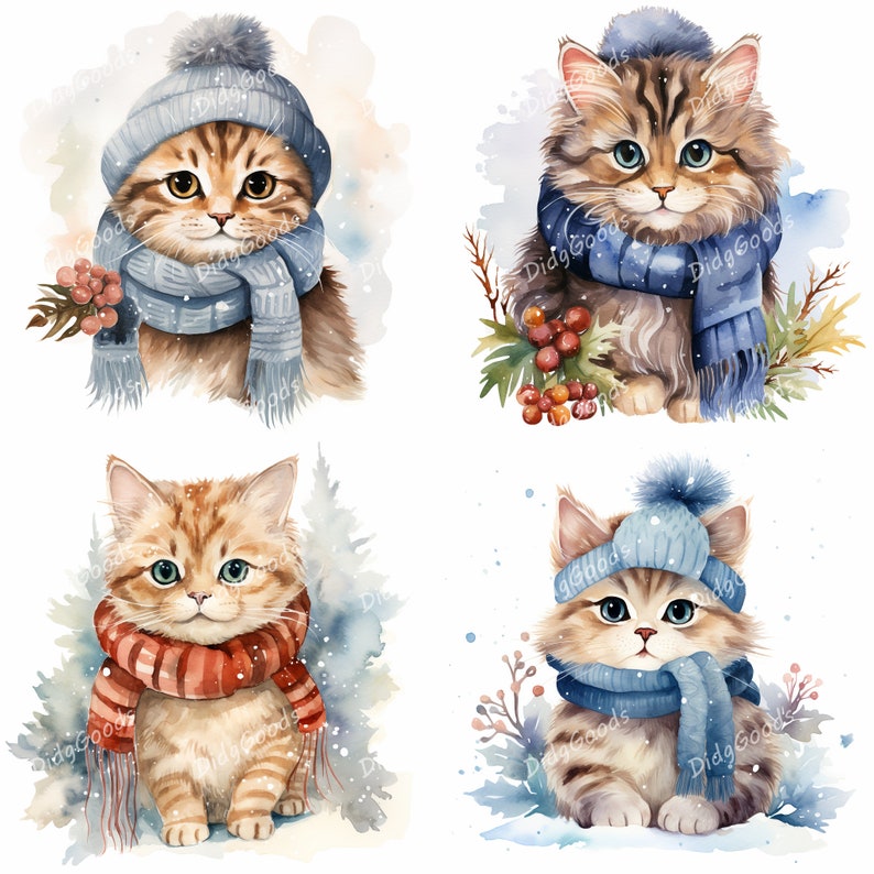 Watercolor Winter Cat Clipart Bundle 32 High Quality Pngs, Digital ...