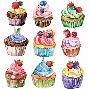 Watercolor Cupcake Clipart Bundle For: Card Making, Printable Art 28 High Quality PNGs 3000x3000 pix, 300 DPI, Digital Download