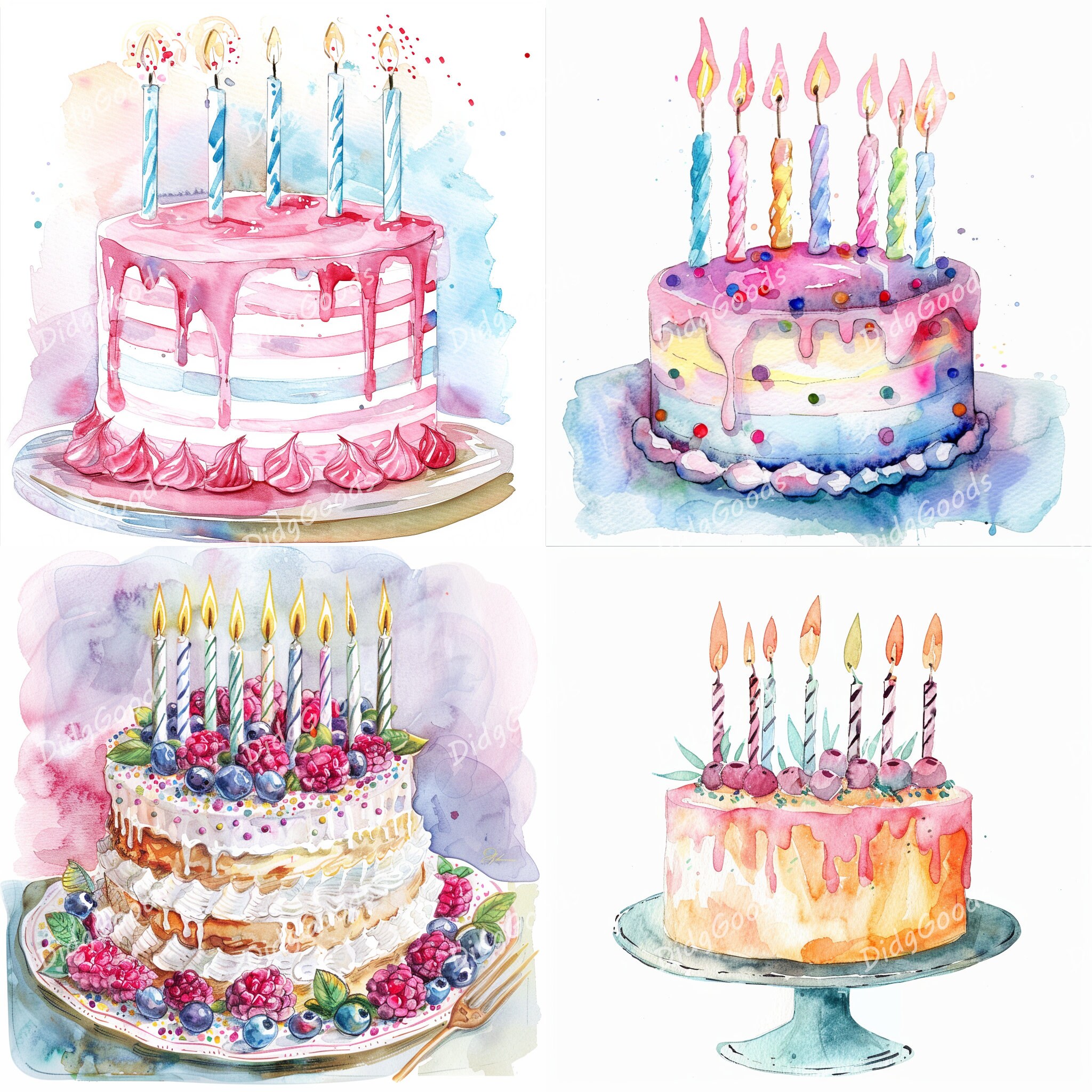 Watercolor Birthday Cake Clipart Bundle For: Card Making, Printable Art ...
