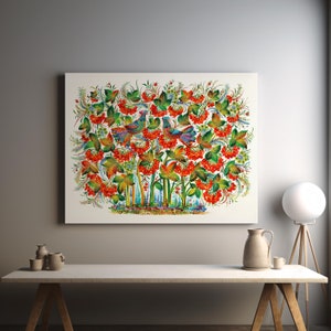 Lienzo artístico de Petrykivka, impresión artística de póster floral, pintura colorida tradicional ucraniana, adorno de estilo folclórico eslavo, decoración rústica de pared