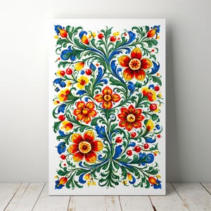 Pintura de Petrykivka, arte floral ucraniano, flores coloridas / Póster de bellas artes / Lienzo estirado / Decoración rústica, paleta de colores pastel