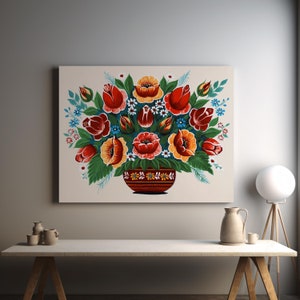 Lienzo con amapolas y capullos de rosa, póster con impresión de arte floral, pintura de Petrykivka, decoración rústica floral ucraniana, paleta de colores pastel