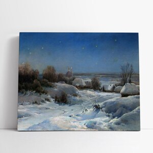 Ukrainischer Winter. Nacht - Ivan Velts (1898) | Gespannte Leinwand | Poster | Klassische Malerei, Slawische Kunst, Verschneites Dorf Sternenhimmel