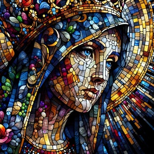 Virgen en el Cielo, Virgen María, Reina de la Paz, en vidrieras, arte digital, impresión digital, virgen abstracta vívida