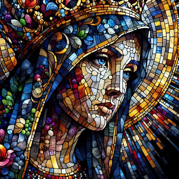 Madonna in Heaven, Virgin Mary,  Queen of Peace, in Stained Glass, digital art, digital print, abstract vivid madonna