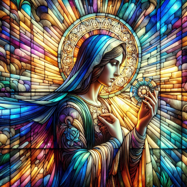 The "Madonna from Heaven" in Stained Glass, digital art, digital print, abstract vivid madonna