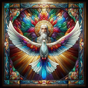 Holy Spirit, Dove, in Stained Glass, digital art, digital print, abstract vivid God Catholic
