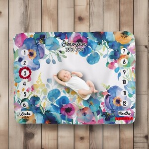 Personalized Floral Milestone Blanket Customizable Newborn Gift Name Sherpa for Baby Shower Custom New Baby Gift Monthly Growth Tracker