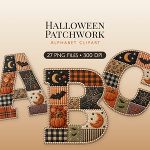 Halloween Patchwork Alphabet PNG, Quilted Fabric Letter Clipart Pack, gruselige Applikation ABC Grafik, Kürbisfledermaus Sublimation Digital Craft Set