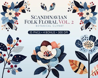 Illustrations florales scandinaves, PNG botanique nordique, motif floral bleu marine, illustration florale à la gouache, téléchargement numérique pour usage commercial