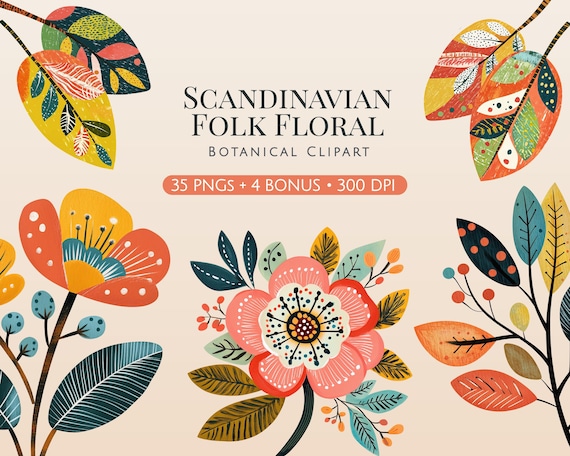 Scandinavian Nordic Swedish Flower Clipart PNG, Folk Art Botanical Element, Boho Retro Illustration, Decorative Bloom Bundle for Sublimation