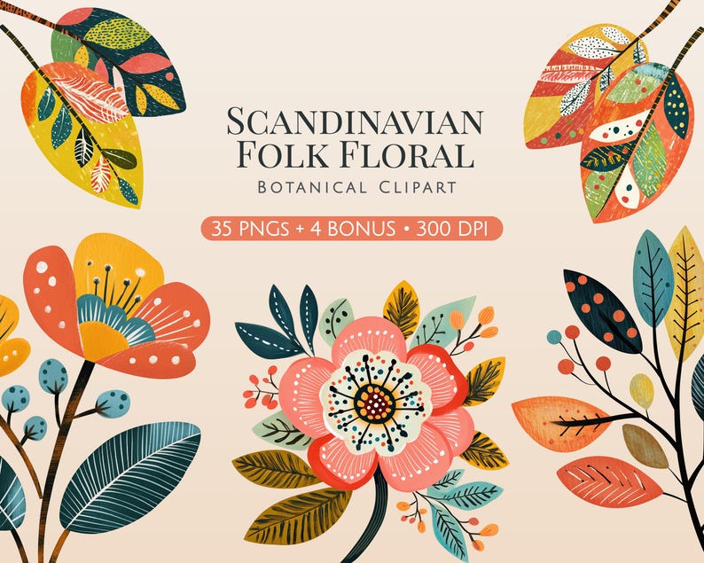Peut inclure: Un ensemble graphique num&eacute;rique intitul&eacute; SCANDINAVIAN FOLK FLORAL BOTANICAL CLIPART 35 PNGS + 4 BONUS 300 DPI. L'image pr&eacute;sente des fleurs et des feuilles stylis&eacute;es color&eacute;es dans des tons orange, jaune, bleu sarcelle et bleu fonc&eacute;.