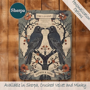 Personalized Crow Couple Blanket Customizable Goth Gift for Lovers Name Sherpa for Wife Wedding 1st Anniversary Unique Occult Home Decor