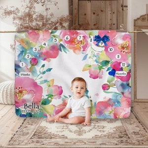 Personalized Floral Milestone Blanket Customizable Newborn Gift Name Sherpa for Baby Shower Custom New Baby Gift Tracking Monthly Growth