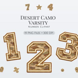 Op de afbeelding: Woestijn camouflage varsity nummer clipart. De afbeelding toont de nummers 1, 2, 3, 4 en 7, plus een ster, een hart, een procentteken en een cirkel. De nummers en vormen hebben een woestijn camouflagepatroon met een beige rand.