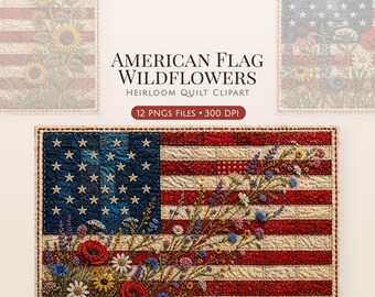 Drapeau américain fleurs sauvages Clipart, courtepointe héritage PNG, Art Floral patriotique, conception vintage des Etats-Unis, 4 juillet Sublimation, Cottagecore rustique