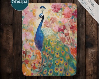 Personalized Sherpa Peacock Blanket for Her Unique Customized Fleece Throw for Bird Lover Custom Throw Peacock Decor Name Blanket Gift Mom