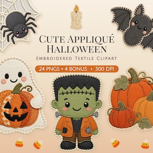 May include: A collection of embroidered Halloween textile clipart featuring a spider, bat, ghost holding a pumpkin, Frankenstein monster, and pumpkins. Text reads: CUTE APPLIQUÉ HALLOWEEN EMBROIDERED TEXTILE CLIPART 24 PNGS + 4 BONUS 300 DPI. Includes candy corn.