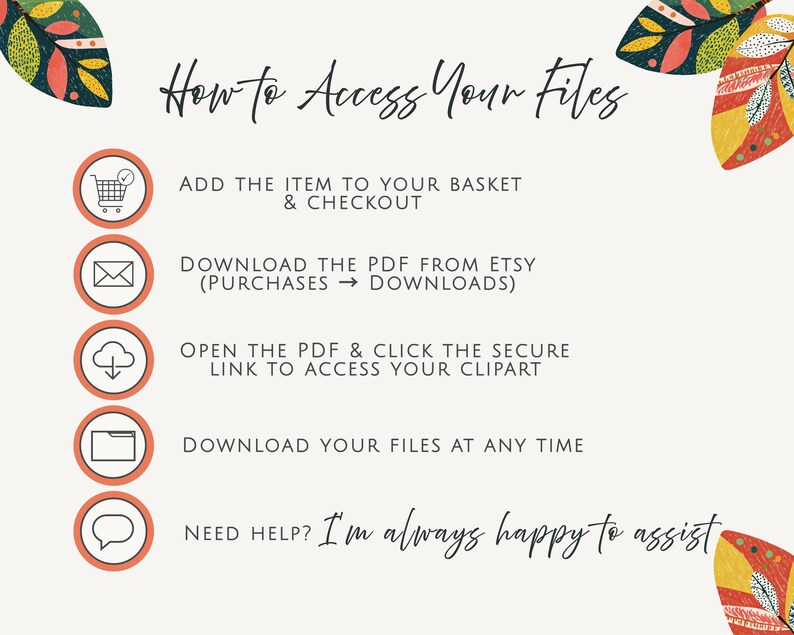 Peut inclure: Un graphique d'instruction intitul&eacute; How to Access Your Files avec cinq ic&ocirc;nes circulaires orange repr&eacute;sentant un panier, une enveloppe, une fl&egrave;che de t&eacute;l&eacute;chargement, un dossier et une bulle. Le texte d&eacute;taille les &eacute;tapes de t&eacute;l&eacute;chargement.