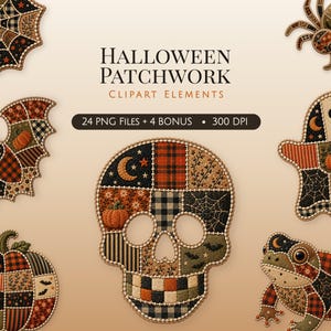 Może przedstawiać: Kolekcja cyfrowych elementów graficznych o tematyce Halloween, przedstawiająca czaszkę, dynię, nietoperza, pająka, ducha i żabę, zaprojektowana w estetyce patchworku w kolorach pomarańczowym, czarnym i kremowym, z napisem HALLOWEEN PATCHWORK.