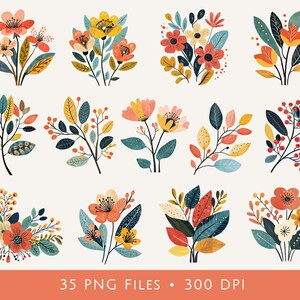 Peut inclure: Une collection de douze illustrations florales comprenant diverses fleurs, feuilles et baies dans des tons de rouge, orange, jaune et bleu-vert. Le texte en bas indique 35 PNG FILES &bull; 300 DPI. Ces graphiques botaniques sont dispos&eacute;s en grille.