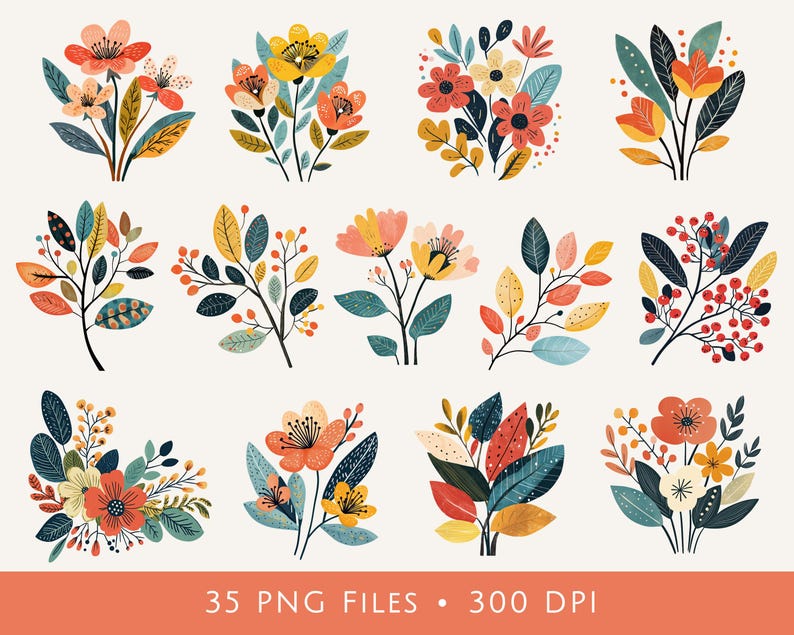 Peut inclure: Une collection de douze illustrations florales comprenant diverses fleurs, feuilles et baies dans des tons de rouge, orange, jaune et bleu-vert. Le texte en bas indique 35 PNG FILES &bull; 300 DPI. Ces graphiques botaniques sont dispos&eacute;s en grille.