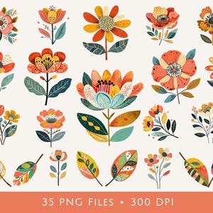 Peut inclure: Une collection d'illustrations florales pr&eacute;sentant diverses fleurs et feuilles stylis&eacute;es dans des tons orange, rouge, jaune et bleu sarcelle. L'ensemble comprend 35 fichiers PNG &agrave; 300 DPI, montrant des formes botaniques vari&eacute;es aux motifs et textures complexes.