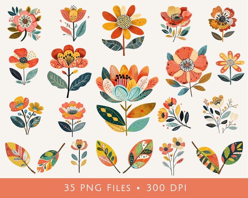 Peut inclure: Une collection d'illustrations florales pr&eacute;sentant diverses fleurs et feuilles stylis&eacute;es dans des tons orange, rouge, jaune et bleu sarcelle. L'ensemble comprend 35 fichiers PNG &agrave; 300 DPI, montrant des formes botaniques vari&eacute;es aux motifs et textures complexes.