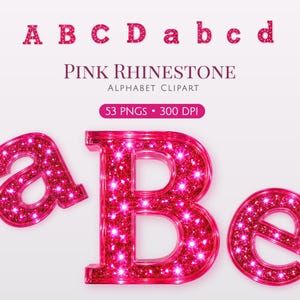 Puede incluir: Clipart de alfabeto de pedrería rosa con letras mayúsculas y minúsculas. La imagen incluye las letras A, B, C, D, a, b, c y d. También es visible el texto "Pink Rhinestone Alphabet Clipart".