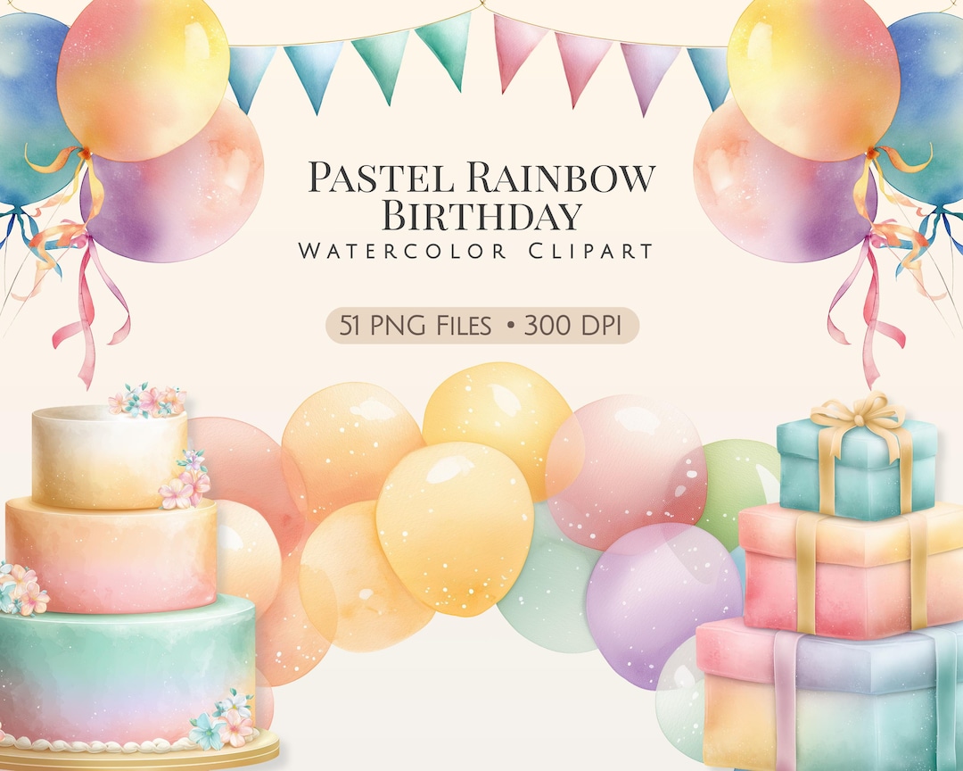 Pastel Birthday Clipart PNG Bundle, Watercolor Party Decoration ...