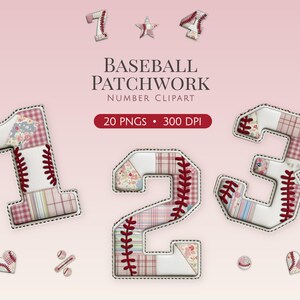 May include: Digital clipart featuring the numbers 1, 2, and 3 designed with a baseball-themed patchwork pattern. The numbers include red stitching details, plaid, and floral fabric textures. Text reads BASEBALL PATCHWORK NUMBER CLIPART 20 PNGS 300 DPI.