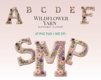 Clipart alphabet fil fleurs sauvages, lettres florales brodées, police monogramme tricoté, typographie vintage Cottagecore, initiale botanique PNG