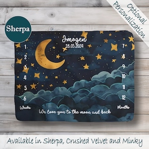 Personalized Moon Star Milestone Blanket Customizable Newborn Gift Name Blanket for Baby Shower Custom New Baby Gift Monthly Growth Tracker