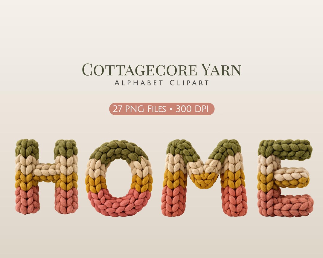 Cottagecore Yarn Alphabet Clip Art, Knit Letter PNG Set, Crochet Style ...